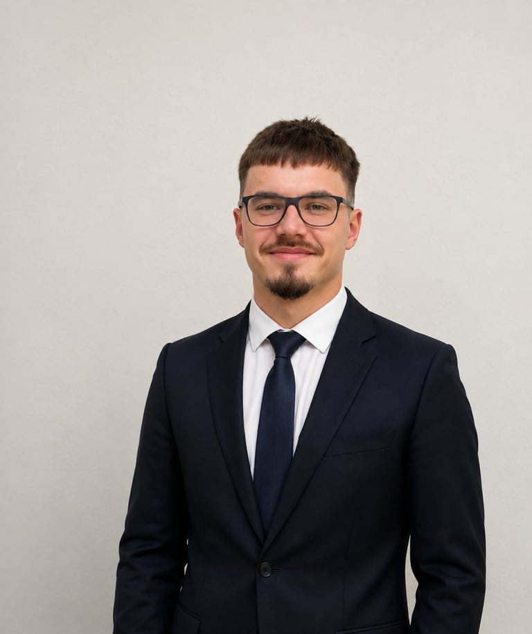 Professional headshot of a man wearing glasses, dark suit, white shirt and navy tie against a neutral gray background